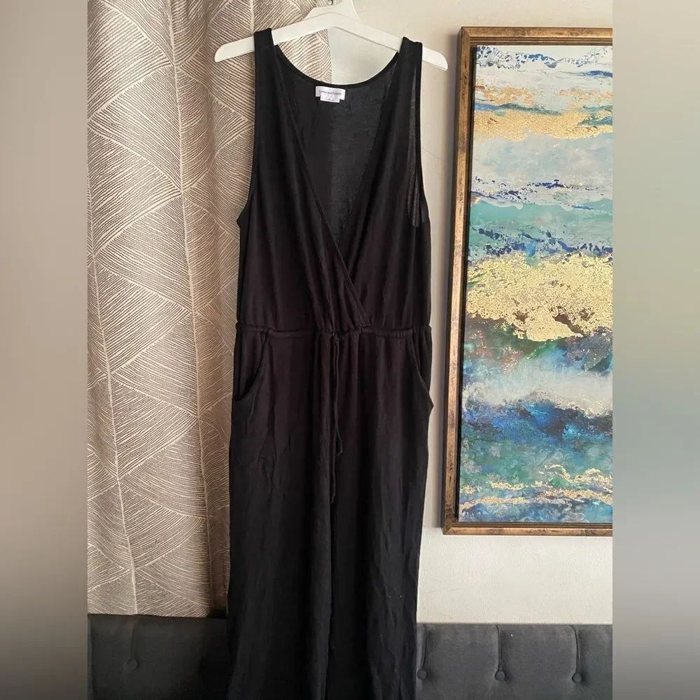 Lovers + Friends Knit Jumpsuit Womens Black Drawstring Skeeveless V Neck Sz L